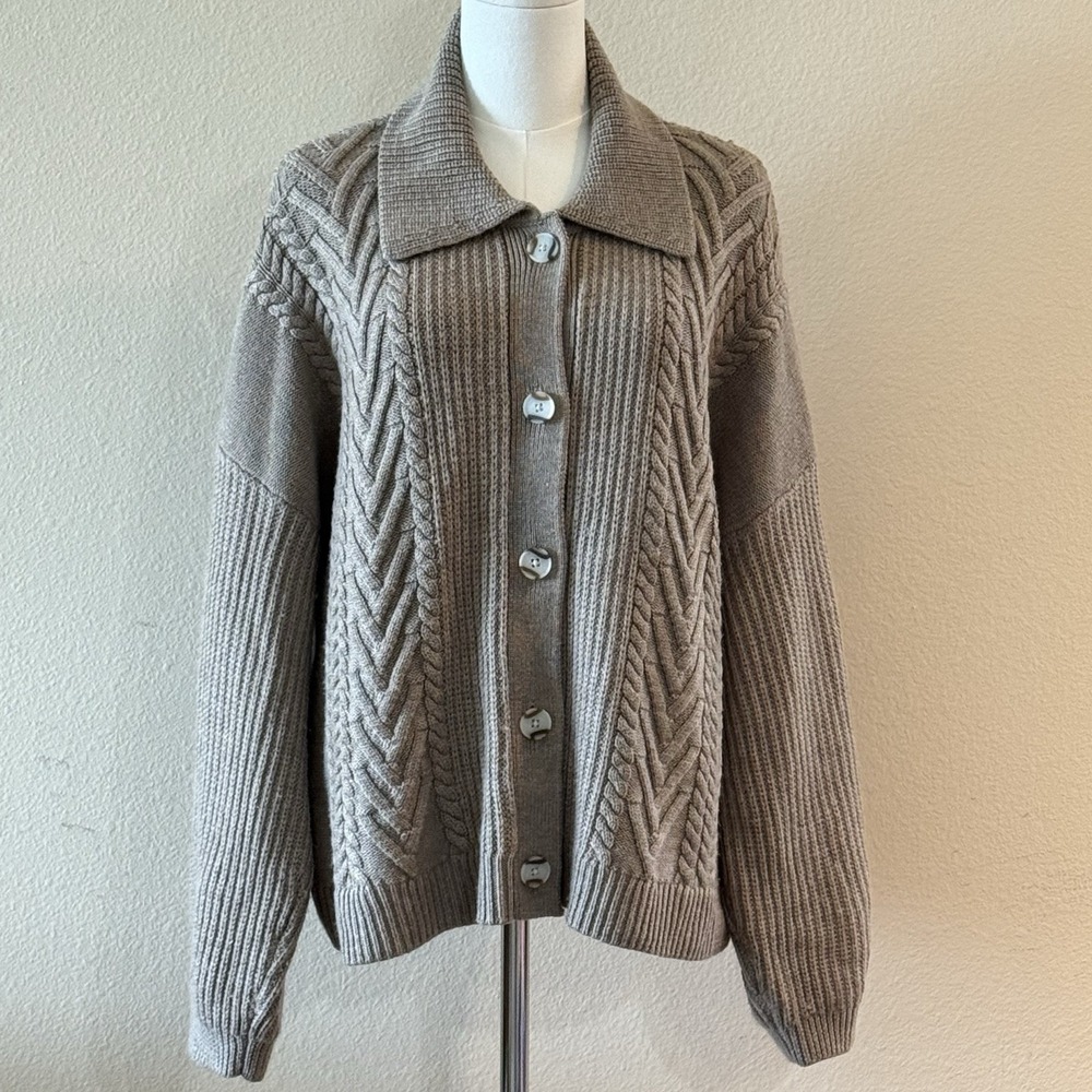 Quince Australian Merino Wool Collared Cable Cardigan Womens Large Malted Toffee